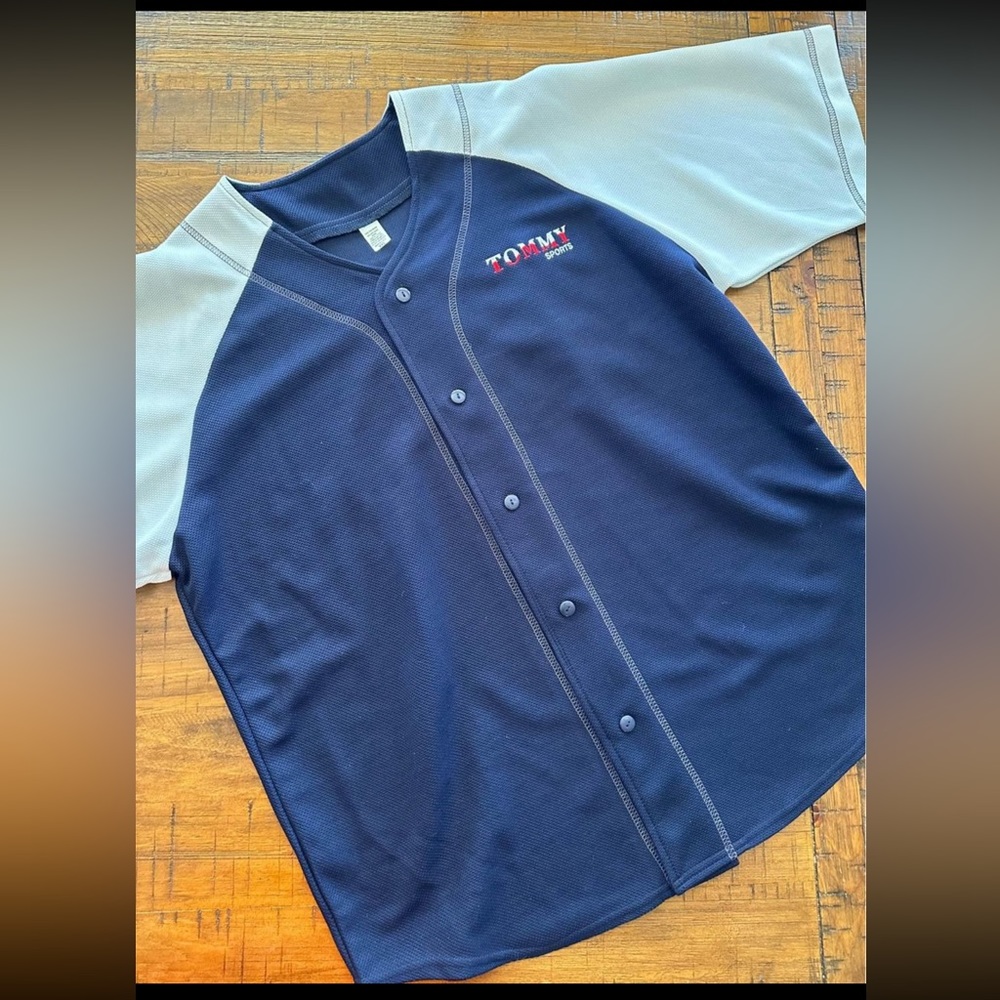 90’s Vintage Tommy Sports Men’s Short Sleeve Button Up Jersey Navy & White
